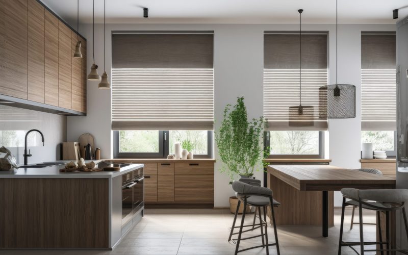a kitchen with automated blinds, shades and curtains open to let in natural light, created with generative ai