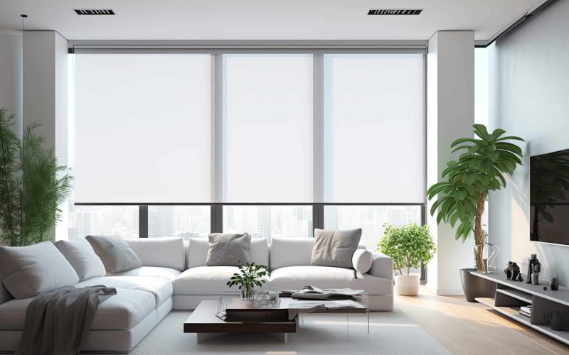 Interior roller blinds are installed in the living room, featuring white colored roller shades on the windows. Within the same room, there are also a houseplant and a sofa present. To add to the convenience of the smart home, motorized curtains are included.