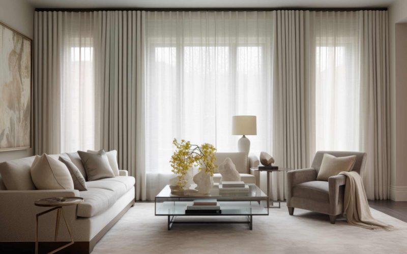floor-to-ceiling curtains in neutral tones, created with generative ai
