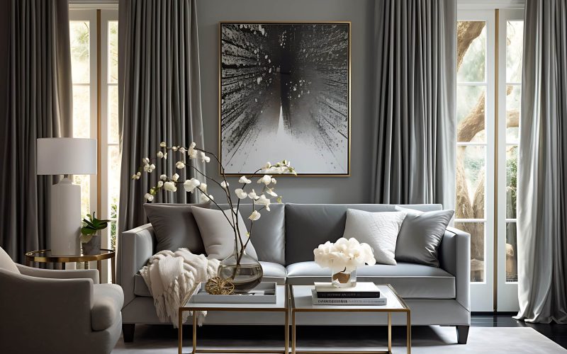 Modern Living Room with Silver-Threaded Drapes