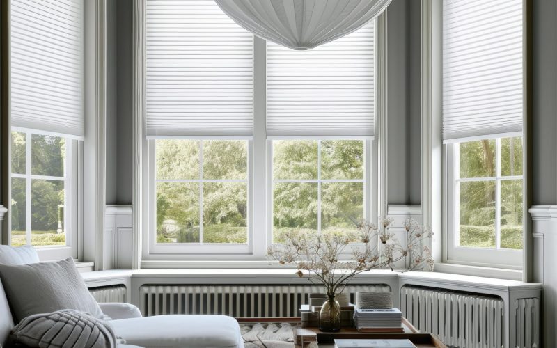 Extra large pleated blinds in white, featuring a 50mm fold, showcased in the window opening. Contemporary top down bottom up privacy shades for apartment windows.