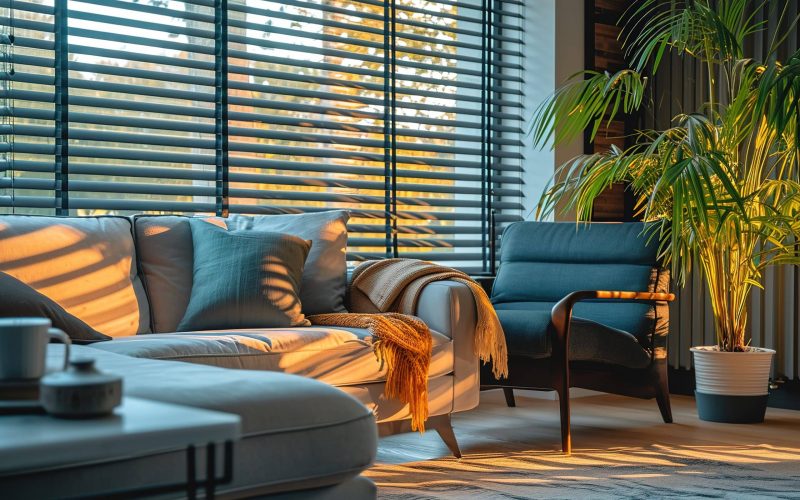 high-resolution, high quality 8k image of A well lit and inviting living room furnished with a couch, a comfortable chair, and a large window covered with blinds., --ar 3:2 --stylize 250 --v 6 Job ID: af60893f-2319-4c14-abfb-1db6a39dfd59