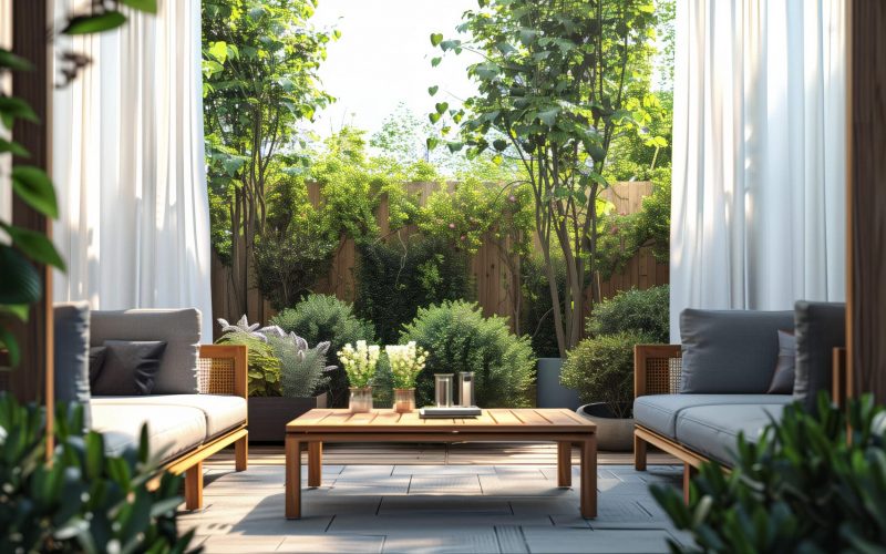 A modern outdoor garden with grey sofas, wooden furniture and plants, seen from the inside of an open door with white curtains.